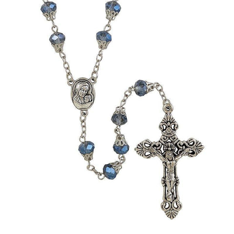 AB Cap Madonna and Child Blue Glass Bead Rosary - 8mm Bead - Saint-Mike.org