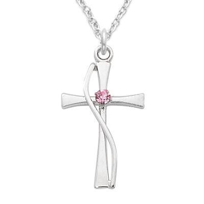 Cross Necklace for Women Curved with Rose Stone .875" Pendant - 18" Chain - Saint-Mike.org