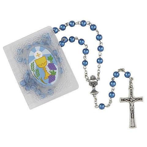 First Communion Chalace Rosary Blue - 6mm Bead - Saint-Mike.org