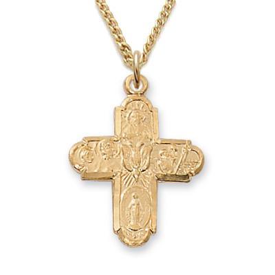 Small Gold Four-way Medal Necklace .75" Pendant - 18" Chain - Saint-Mike.org
