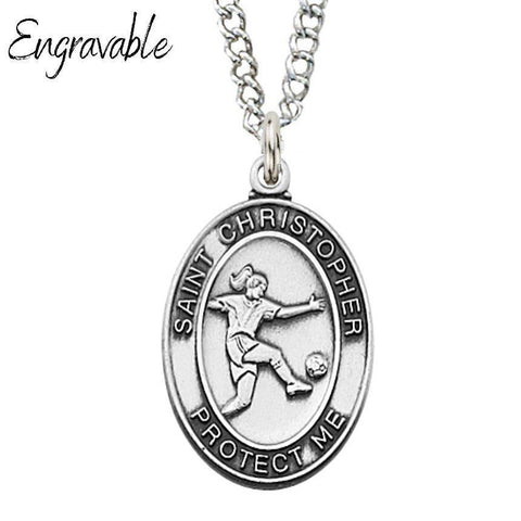 St. Christopher Girls Soccer 1" Sterling Silver Pendant Necklace - 18" Chain - Saint-Mike.org