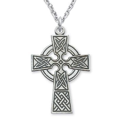 Men's Silver Celtic Cross Necklace 1.4375" Pendant - 24" Chain - Saint-Mike.org