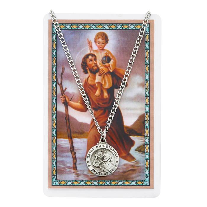 St. Christopher Circle Pewter Pendant Necklace w/ Prayer Card - 24" Chain - Saint-Mike.org