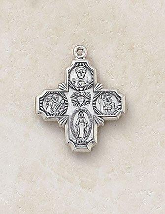 Small Sterling Silver Four Way Medal Necklace - 18" Chain - Saint-Mike.org