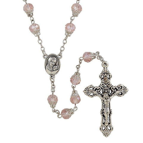 AB Cap Madonna and Child Peach Glass Bead Rosary - 8mm Bead - Saint-Mike.org