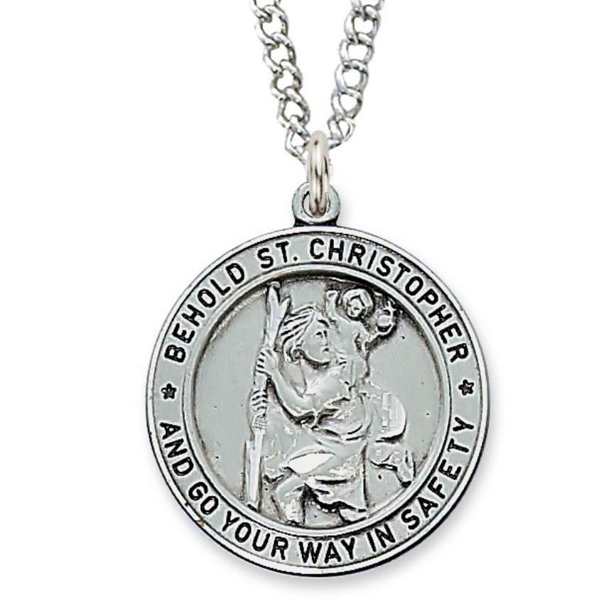 St. Christopher Medal 1" Antique Silver Pendant Necklace - 24" Chain - Saint-Mike.org