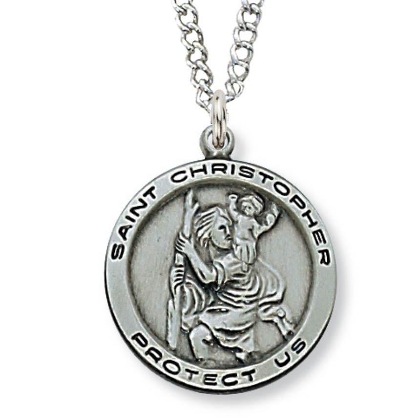 St. Christopher Medal .75" Antique Silver Pendant Necklace - 18" Chain - Saint-Mike.org