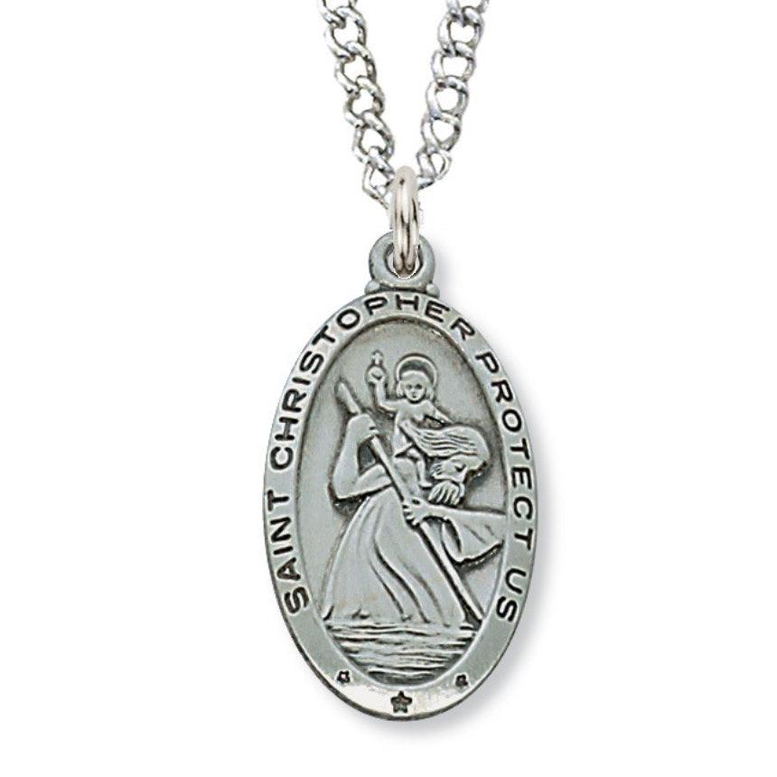 St. Christopher Medal 1" Oval Antique Silver Pendant Necklace - 24" Chain - Saint-Mike.org