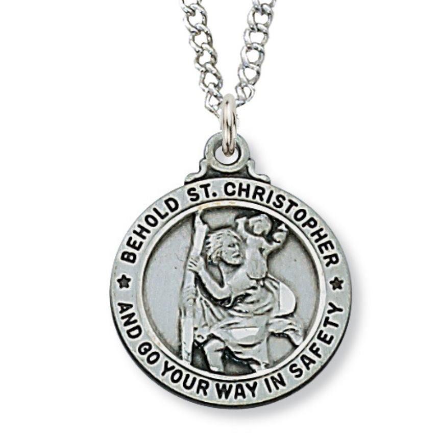 St. Christopher Medal .875" Antique Silver Pendant Necklace - 20" Chain - Saint-Mike.org
