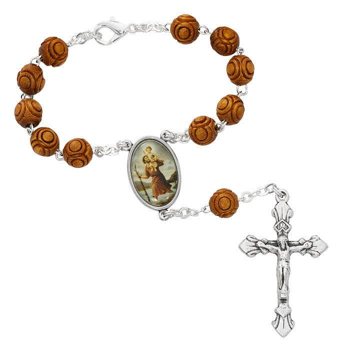 St. Christopher Auto Rosary Wood Beads w/ Color Christopher Medal - 8mm Bead - Saint-Mike.org