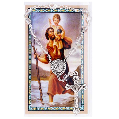 St. Christopher Clear Bead Auto Rosary w/ Prayer Card - Saint-Mike.org