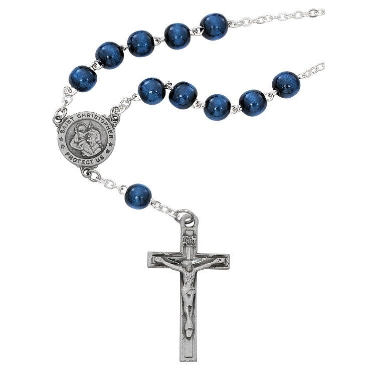 St. Christopher Auto Rosary Blue Wood Beads w/ Christopher Medal - 8mm Bead - Saint-Mike.org