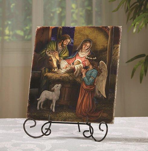 Away in Manger Tile Plaque (Santa Maria Collection) - 8" H - Saint-Mike.org
