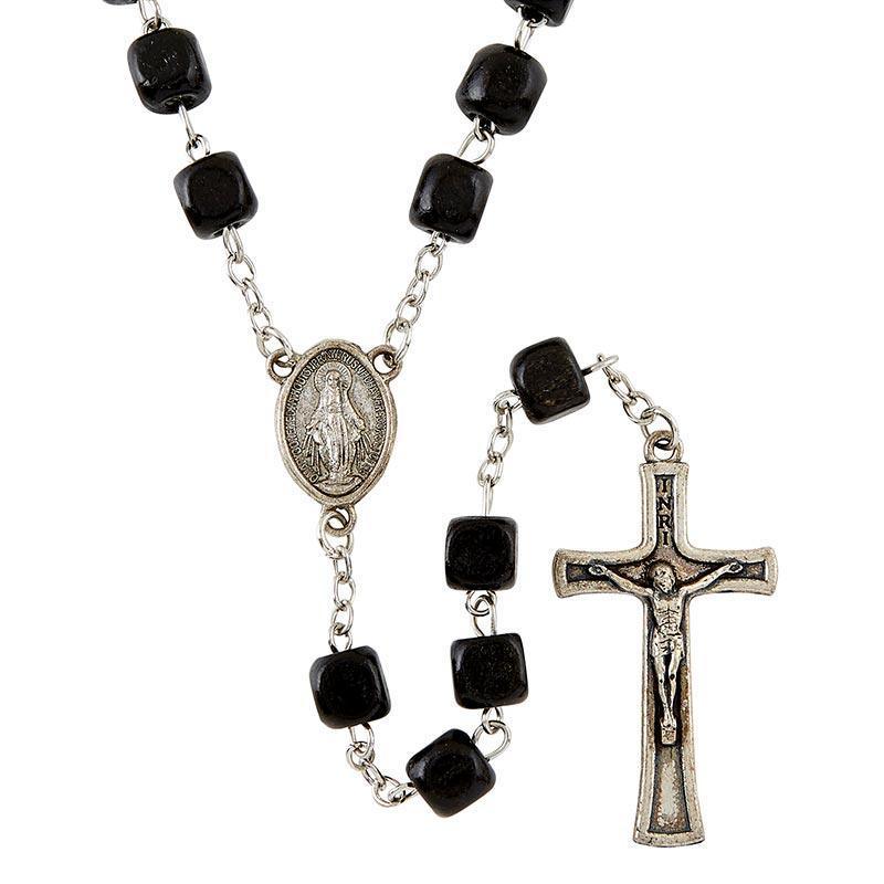 Black Wood Rosary Square Bead Miraculous Medal - 7mm Bead - Saint-Mike.org