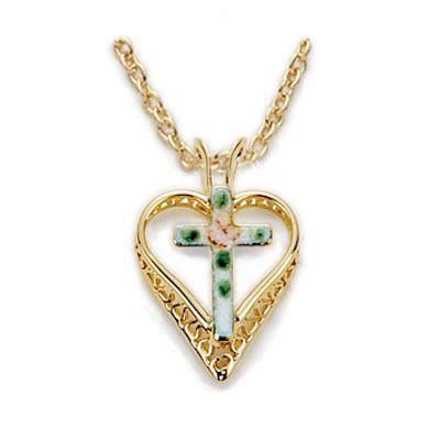 Cloisonne Gold Heart Cross Women's Necklace - 18" Chain - Saint-Mike.org