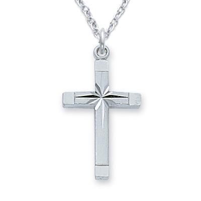 Cross Necklace with Center Starburst Cuts .8125" Pendant - 18" Chain - Saint-Mike.org
