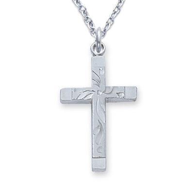 Cross Sterling Silver Necklace with Inner Floral Cross .75" Pendant - 18" Chain - Saint-Mike.org