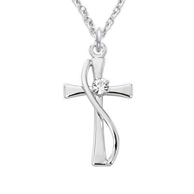 Curved Sashe Women's Cross Necklace with Crystal Stone .8125" Pendant - 18" Chain - Saint-Mike.org