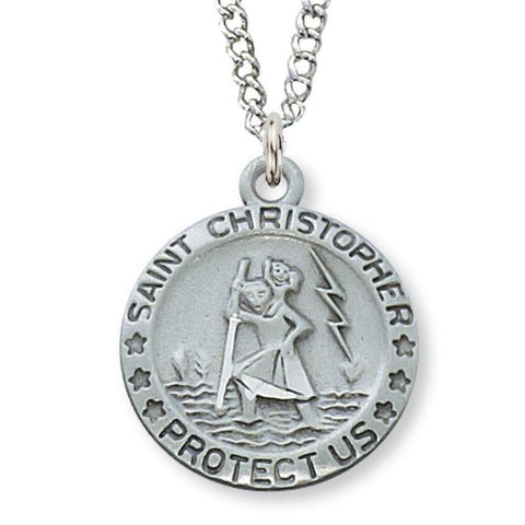St. Christopher Medal .875" Diameter Pewter Pendant Necklace - 18" Chain - Saint-Mike.org