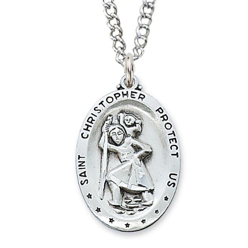 St. Christopher Oval Pewter Pendant Necklace - 24" Chain - Saint-Mike.org