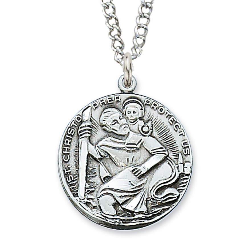 St. Christopher Medal 1" Circle Pewter Pendant Necklace - 24" Chain - Saint-Mike.org