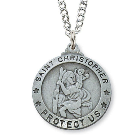 St. Christopher Circle Brushed Pewter Pendant - 24" Chain - Saint-Mike.org