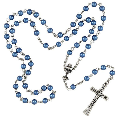 First Communion Chalace Rosary Blue - 6mm Bead - Saint-Mike.org