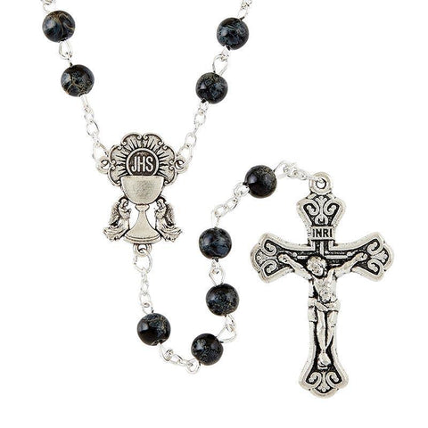 First Communion Rosary Faux Black Marble with Chalice Medal - 6mm Bead - Saint-Mike.org
