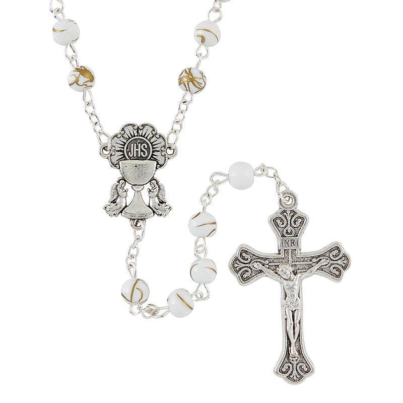 First Communion Rosary Faux White Marble with Chalice Medal - 6mm Bead - Saint-Mike.org