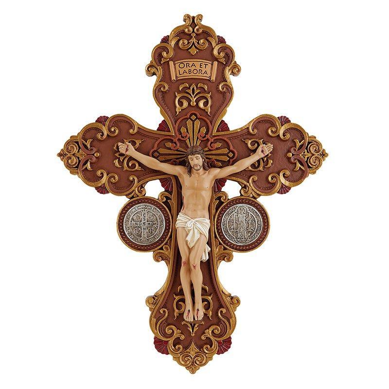 St Benedict Wood Tone Crucifix - 10" H - Saint-Mike.org