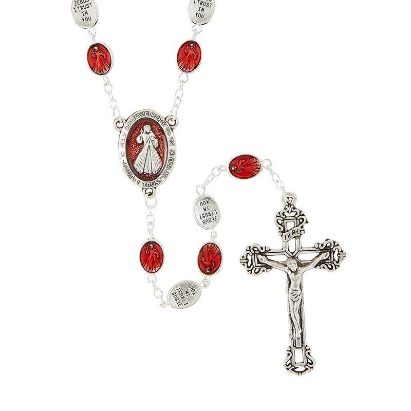 Divine Mercy Silver Plated Red Enamel Rosary (Venetian Collection) - 7x10mm Bead - Saint-Mike.org