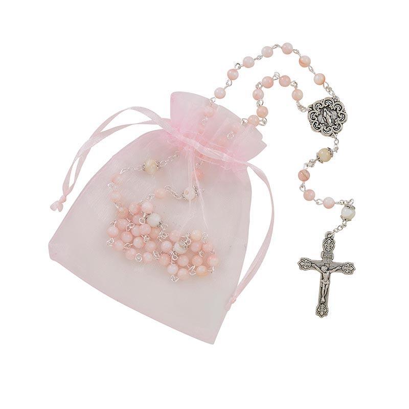 Glass River Pink Plastic Pearl Rosary (The Gloria Collection) - 6mm Bead - Saint-Mike.org