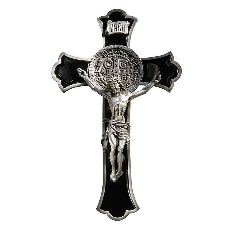 St Benedict Pewter & Enamel Crucifix - 8" H - Saint-Mike.org