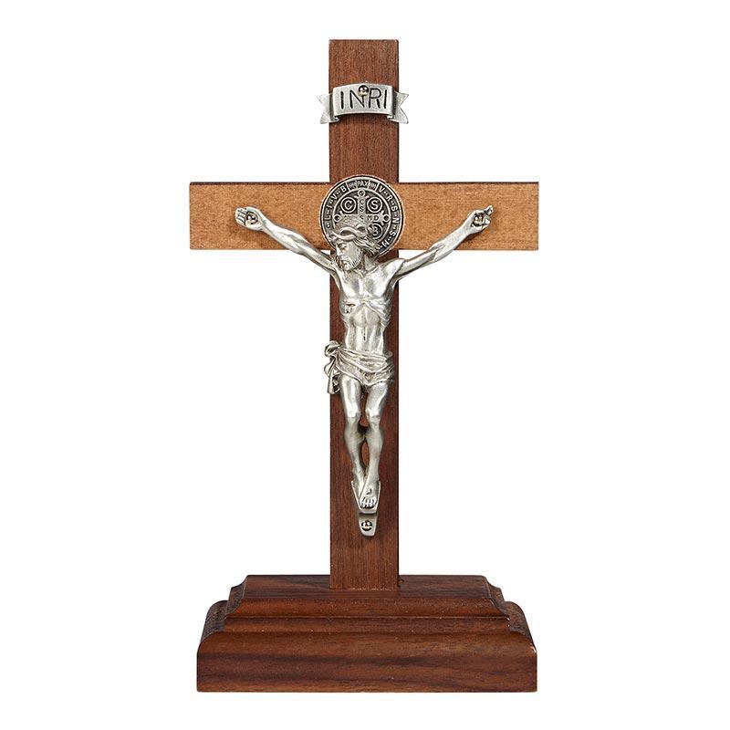 St Benedict Standing Walnut Crucifix - 6" H - Saint-Mike.org