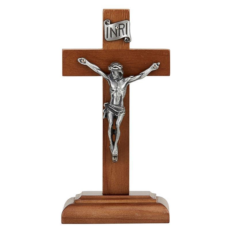 Standing Walnut Crucifix w/ Antique Pewter Corpus - 6" H - Saint-Mike.org