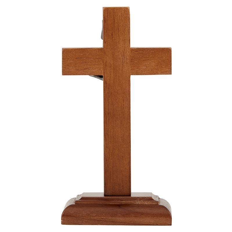 Standing Walnut Crucifix w/ Antique Pewter Corpus - 6" H - Saint-Mike.org