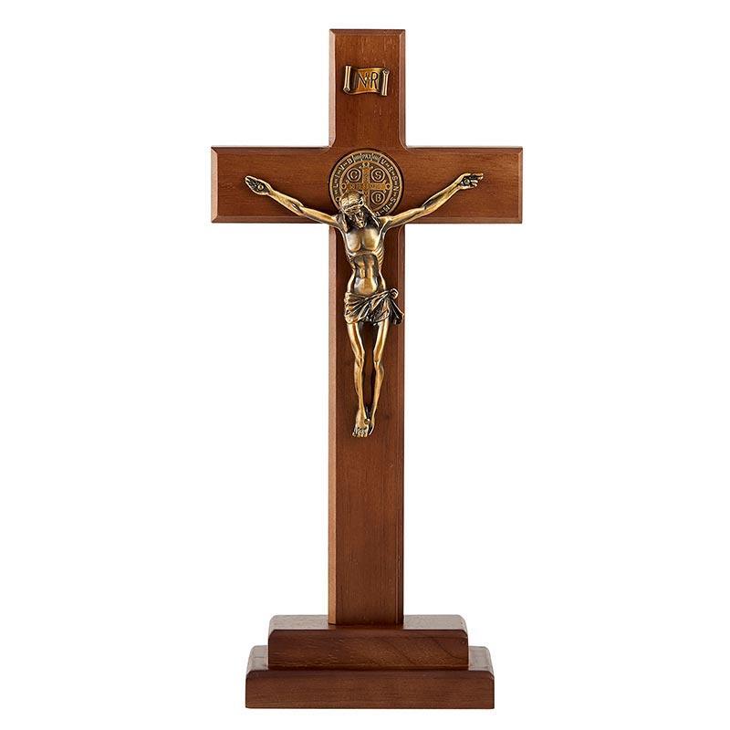 Standing Walnut Crucifix w/ Antique Gold Corpus - 13" H - Saint-Mike.org