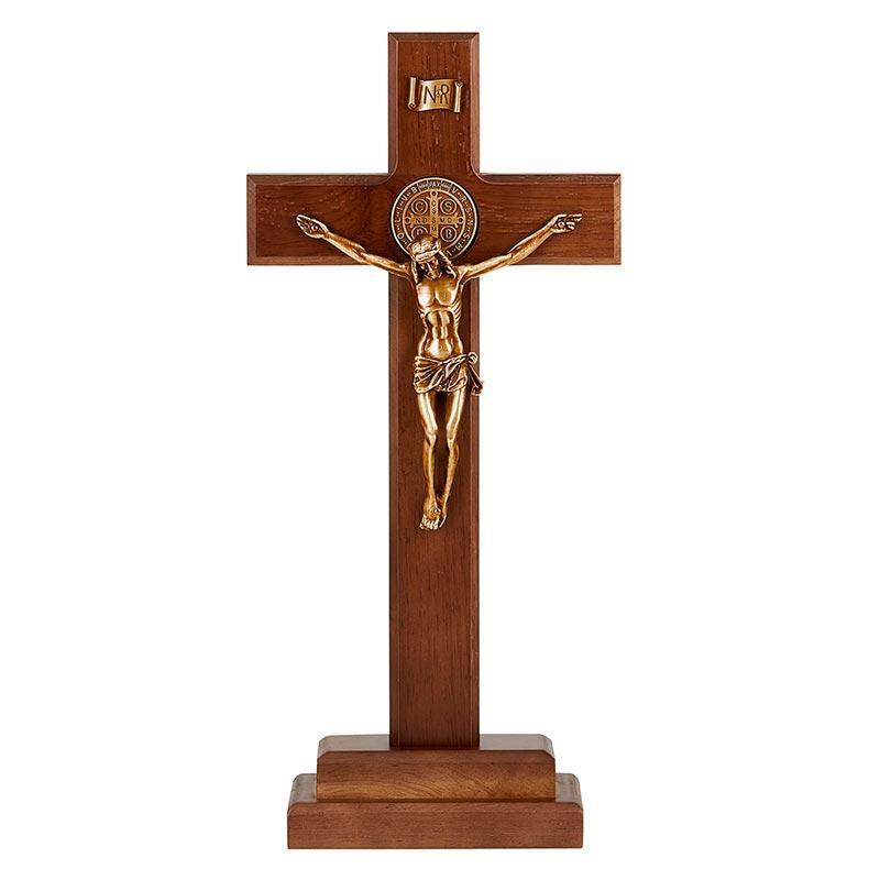 St Benedict Standing Walnut Crucifix w/ Antique Gold Corpus - 13" H - Saint-Mike.org