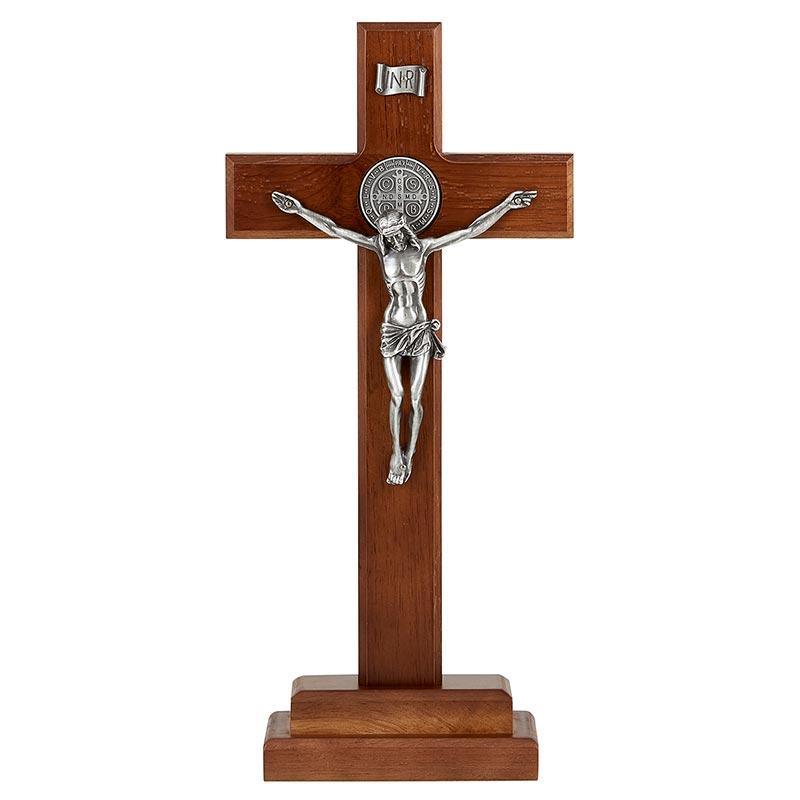 St Benedict Standing Walnut Crucifix w/ Antique Pewter Corpus - 13" H - Saint-Mike.org