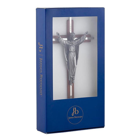 Maple Finish Crucifix w/ Silver Plate Extended Inlay - 10" H - Saint-Mike.org