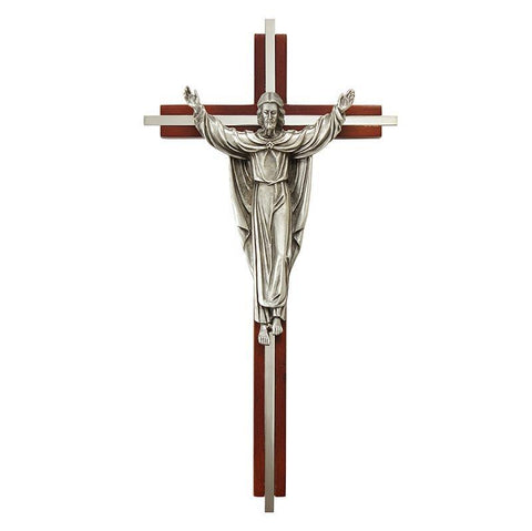 Maple Finish Crucifix w/ Silver Plate Extended Inlay - 10" H - Saint-Mike.org