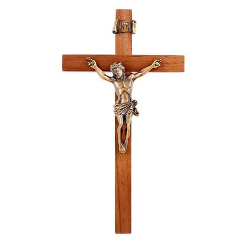 Walnut Crucifix w/ Antique Gold Corpus - 8" H - Saint-Mike.org