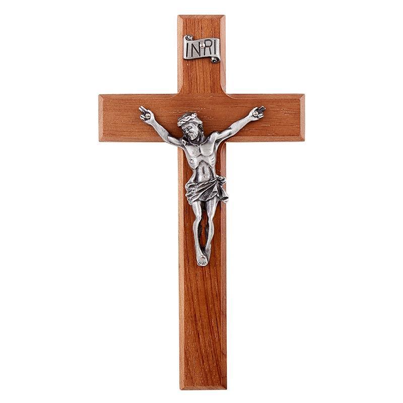 Walnut Crucifix w/ Antique Silver Corpus - 8" H - Saint-Mike.org