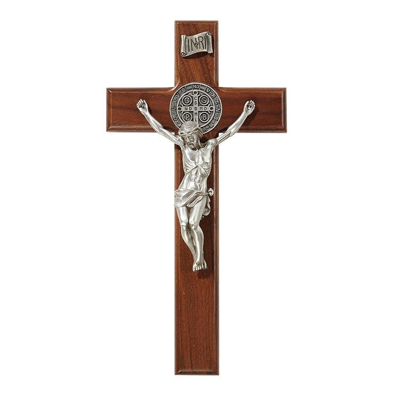 St Benedict Crucifix w/ Antique Silver Corpus - 10" H - Saint-Mike.org