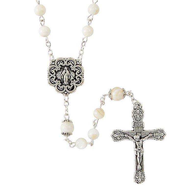 Glass River White Plastic Pearl Rosary (The Gloria Collection) - 7mm Bead - Saint-Mike.org