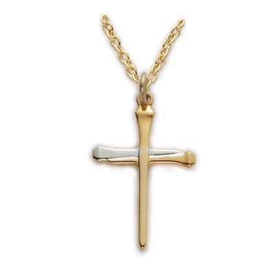 Gold Cross Two-Tone Nail Pendant Necklace - 18" Chain - Saint-Mike.org