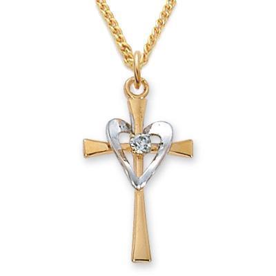 Gold Cross Women's Necklace Silver Heart CZ Center .9375" Pendant -18" Chain - Saint-Mike.org