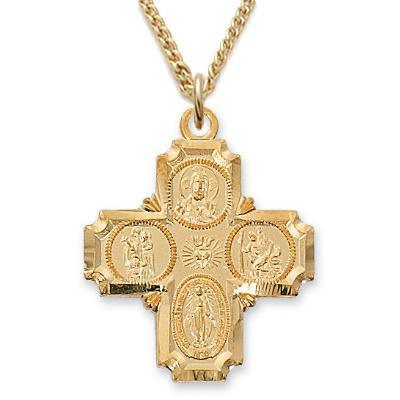 Gold Four-way Squared Cross Necklace 1.062" Pendant - 20" Chain - Saint-Mike.org