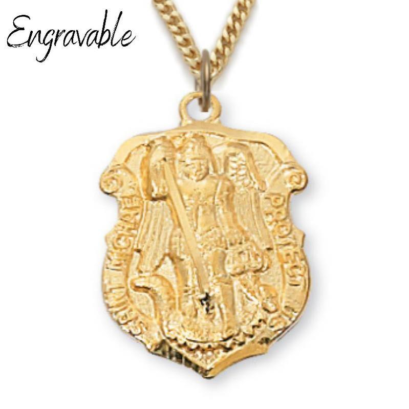 Gold St. Michael Pendant Police Badge - 18" Chain - Saint-Mike.org