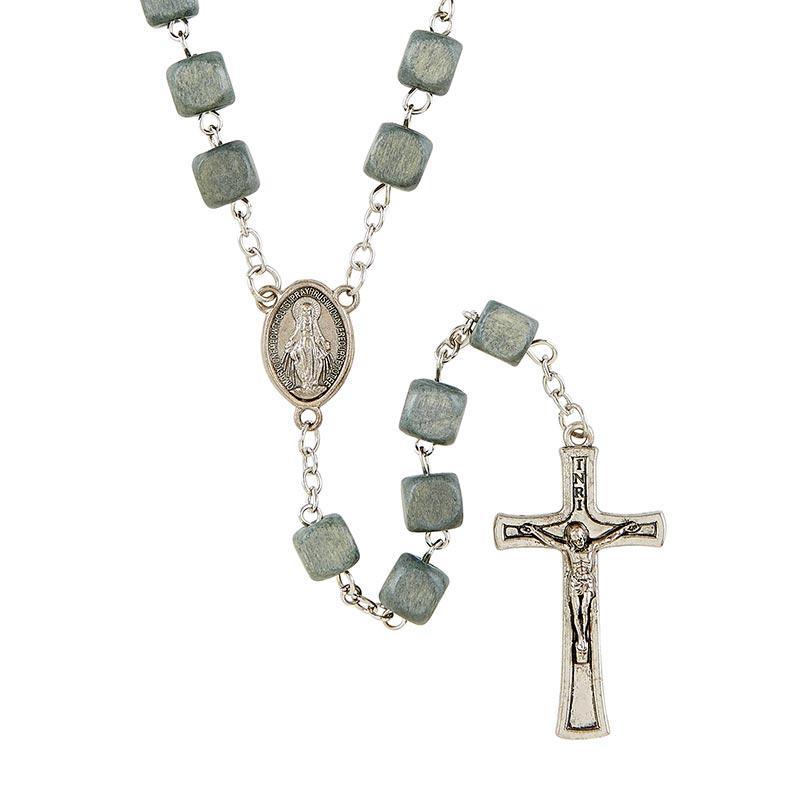 Gray Wood Rosary Square Bead Miraculous Medal - 7mm Bead - Saint-Mike.org